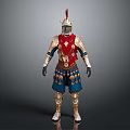 Medieval Knight Armor With Red Blue Gold Decorative Plates And Helmet