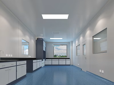 Modern Laboratory Interior With White Walls Blue Flooring Cabinets Sinks And Windows 3d model