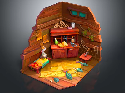 Cartoon Wooden Cabin Interior Scene With Cabinet Table Spider Web Plants And Fish 3d model
