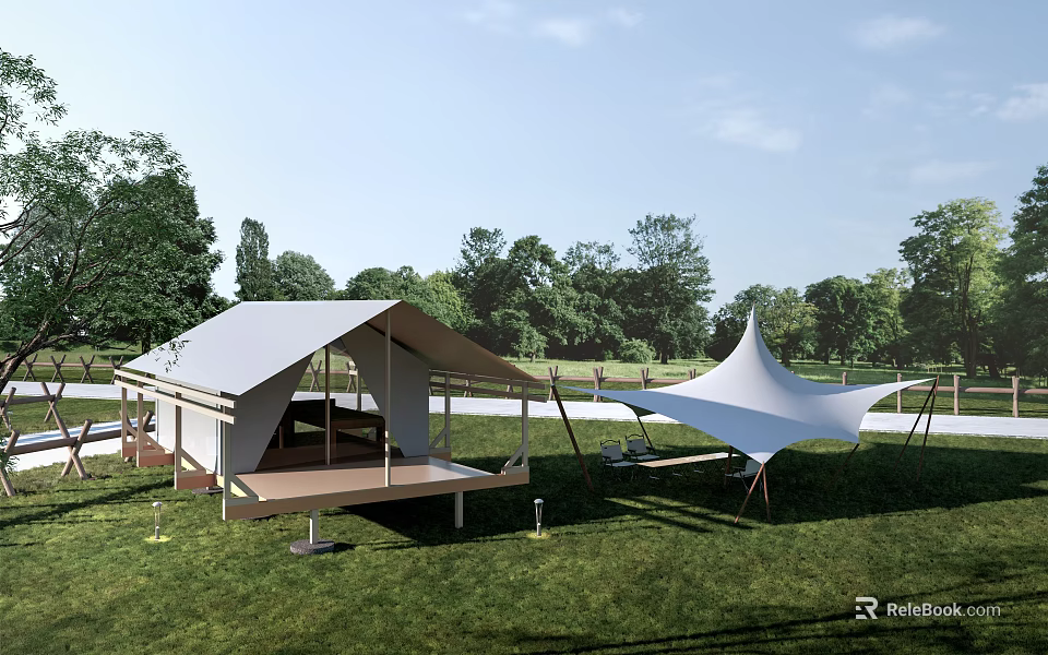 Elegant Glamping Tent With Wooden Deck And Canopy In Outdoor Grass Area With Trees 3d model 