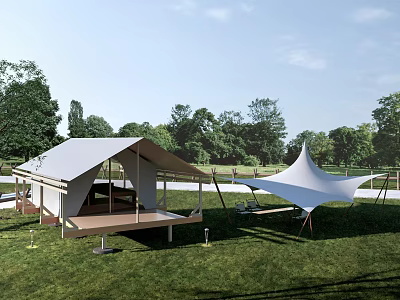 Elegant Glamping Tent With Wooden Deck And Canopy In Outdoor Grass Area With Trees 3d model