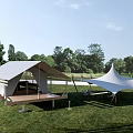 Elegant Glamping Tent With Wooden Deck And Canopy In Outdoor Grass Area With Trees