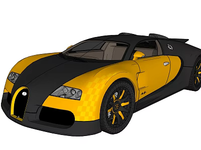 Luxury Bugatti Sports Car With Yellow Black Checkerboard Body And Yellow Wheels 3d model