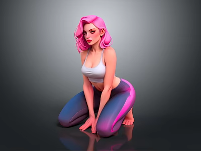 Pink Haired Woman in White Sports Bra and Purple Gradient Leggings Crouching on Gray Background 3d model