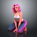 Pink Haired Woman in White Sports Bra and Purple Gradient Leggings Crouching on Gray Background