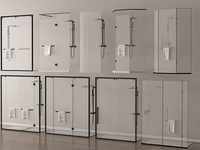Multiple Shower Sauna Glass Enclosures With Black Frames And Modern Designs 3d model