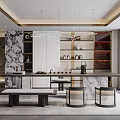 Modern Tea Room Interior Design With Marble Countertop Tea Sets And Wooden Shelves