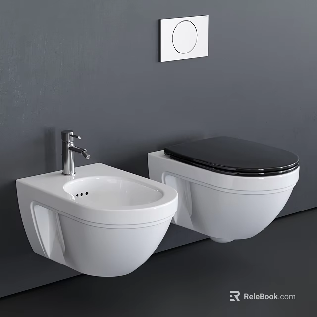 Wall Mounted White Toilet With Black Lid And Bidet On Grey Wall Background 3d model 