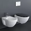 Wall Mounted White Toilet With Black Lid And Bidet On Grey Wall Background