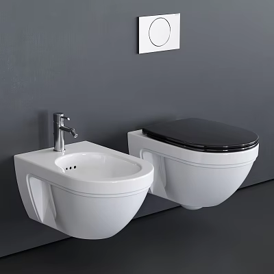 Wall Mounted White Toilet With Black Lid And Bidet On Grey Wall Background 3d model