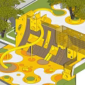 Colorful Yellow Playground Equipment With Slide Climbing Net Tree And Circular Floor Patterns