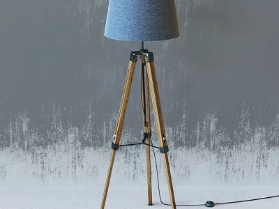 Modern Tripod Floor Lamp With Wooden Legs And Gray Fabric Shade 3d model