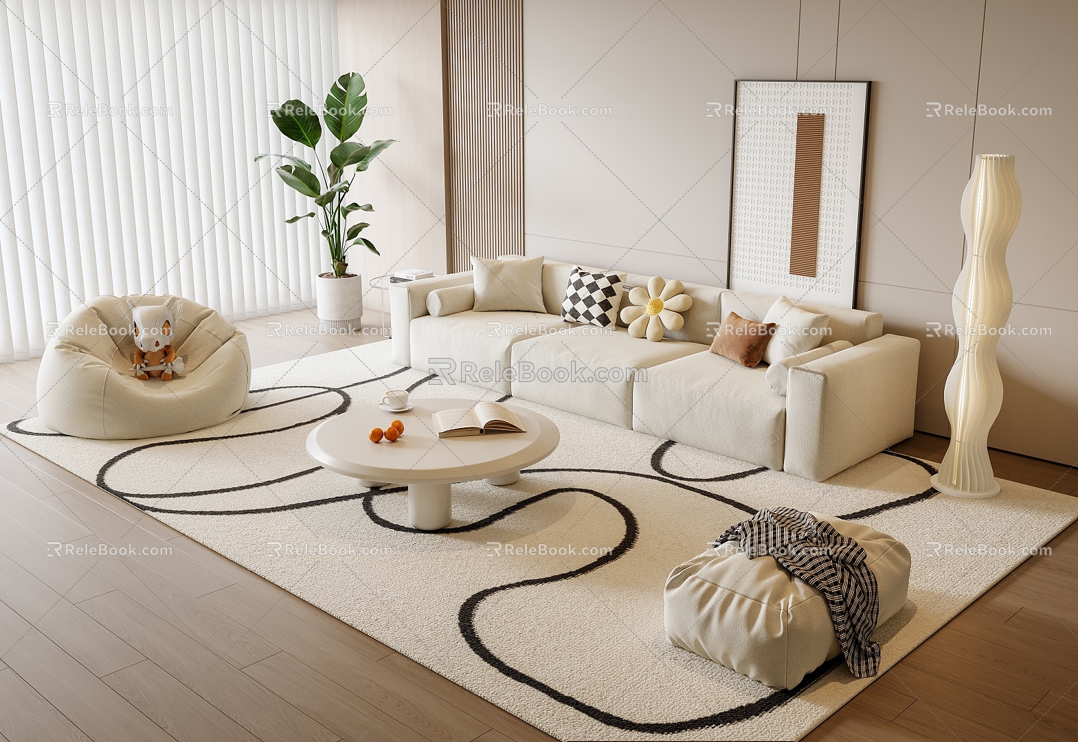 Cream Style Sofa Coffee Table Combination Lazy Sofa Green Plant Hanging Picture Floor Lamp Fruit Side Table 3d model