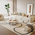 Cream Style Sofa Coffee Table Combination Lazy Sofa Green Plant Hanging Picture Floor Lamp Fruit Side Table 3d model