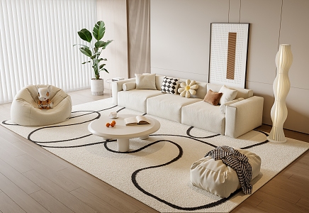 Cream Style Sofa Coffee Table Combination Lazy Sofa Green Plant Hanging Picture Floor Lamp Fruit Side Table 3d model