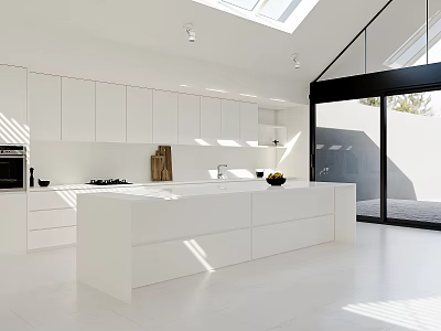 Bright White Modern Kitchen Interior With Skylight Sliding Doors And Central Island 3d model