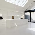 Bright White Modern Kitchen Interior With Skylight Sliding Doors And Central Island