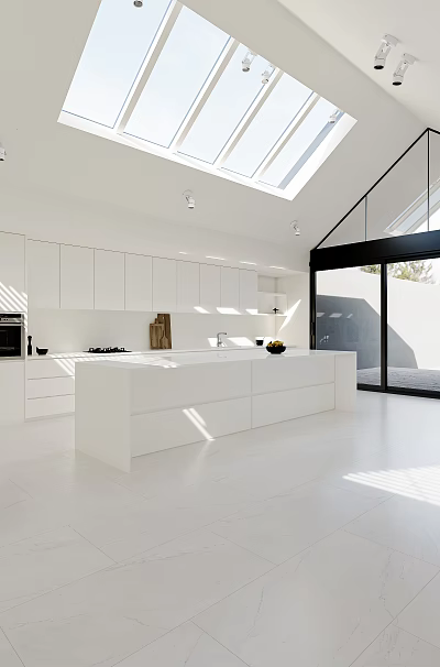 Bright White Modern Kitchen Interior With Skylight Sliding Doors And Central Island 3d model