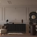 Elegant Modern Living and Dining Room Interior With Fireplace Chandelier Sofa TV Artwork and Rug