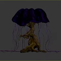 Unique Decorative Plant With Purple Blue Umbrella Shaped Top Root Like Base And Purple Tendrils