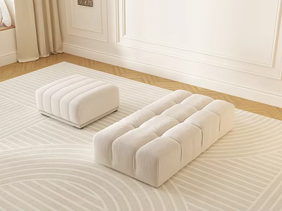 Cream White Upholstered Ottoman Stools with Tufted Seams on Patterned Light Carpet 3d model
