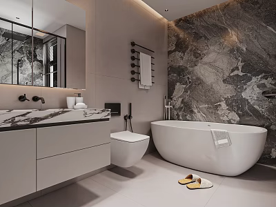 Modern Bathroom Interior With Marble Accent Wall Freestanding Bathtub Vanity Mirror And Yellow Slippers 3d model