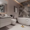 Modern Bathroom Interior With Marble Accent Wall Freestanding Bathtub Vanity Mirror And Yellow Slippers