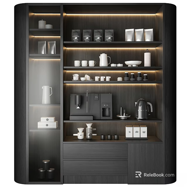 Modern Elegant Coffee Station Shelves With Coffee Machine Kettle Cups And Containers 3d model 