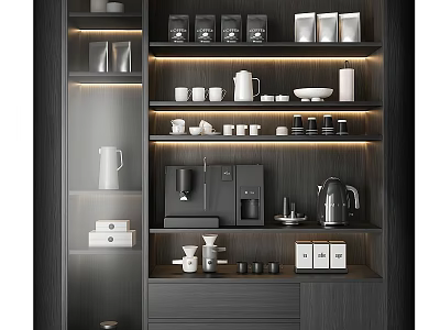 Modern Elegant Coffee Station Shelves With Coffee Machine Kettle Cups And Containers 3d model