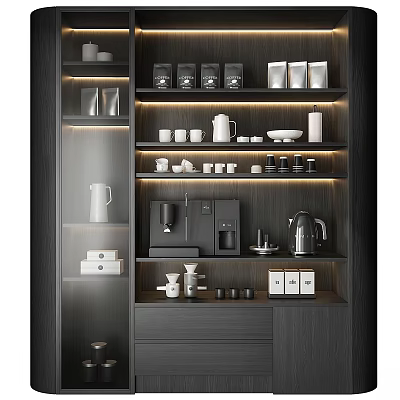Modern Elegant Coffee Station Shelves With Coffee Machine Kettle Cups And Containers 3d model