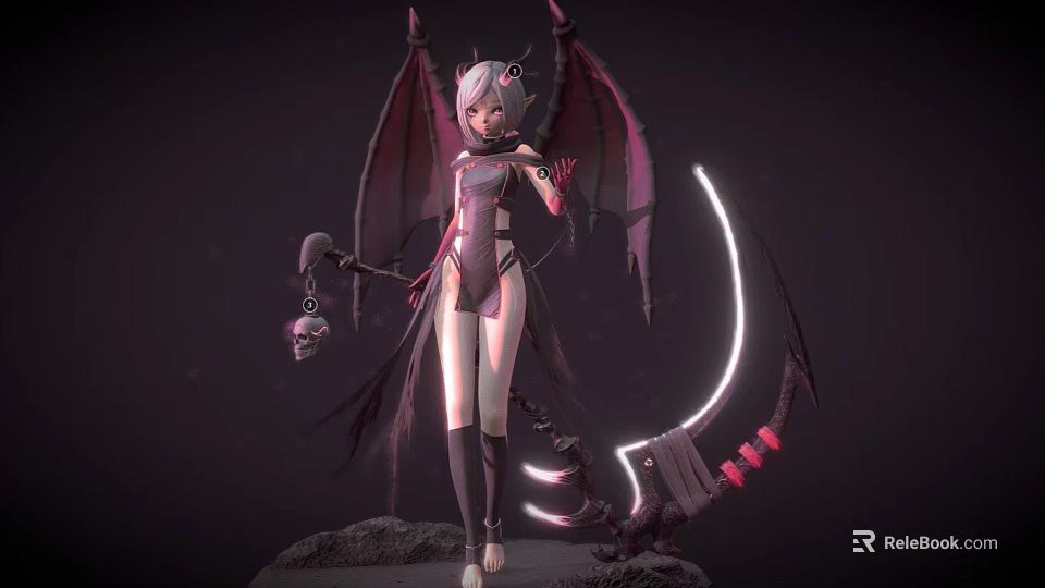 Game Movie Character With Horns Wings Glowing Scythe Combat Outfit 3d model 