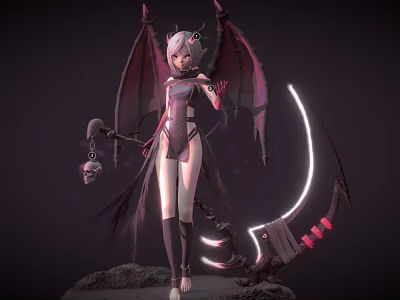 Game Movie Character With Horns Wings Glowing Scythe Combat Outfit 3d model