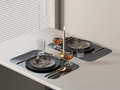 Modern Tableware Set on Dining Table with Placemats Glassware and Candle 3d model