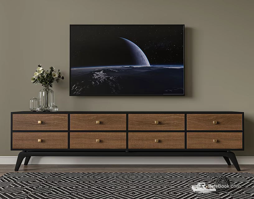 Wooden TV Stand with Drawers Metal Handles Starry Sky Painting and Geometric Rug 3d model 
