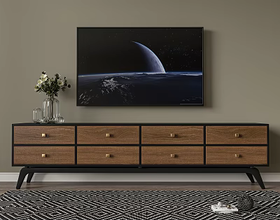Wooden TV Stand with Drawers Metal Handles Starry Sky Painting and Geometric Rug 3d model