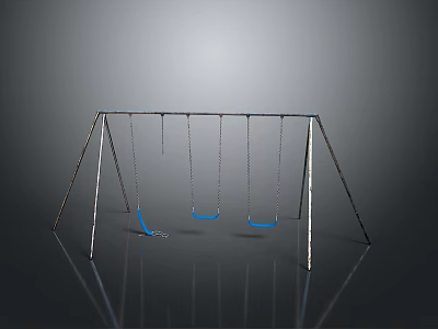 Modern Metal Swing Set With Three Blue Seats And Reflective Floor 3d model