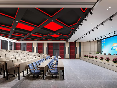 Modern Conference Room Interior With Red Black Geometric Ceiling Rows Of Seats And Large Screen 3d model