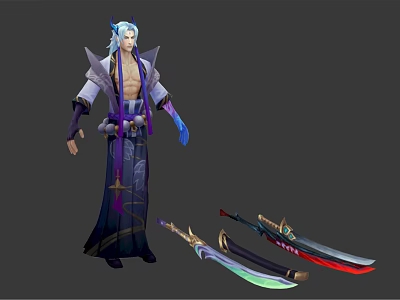 Blue Haired Fantasy Character In Traditional Purple Robe With Two Decorative Swords 3d model