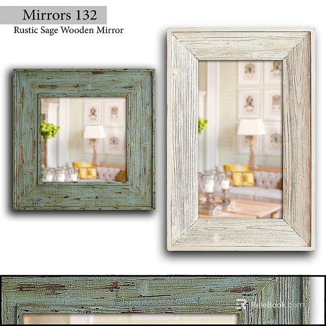Vintage Wooden Framed Mirrors With Green And White Distressed Frames Reflecting Living Room Decor 3d model 