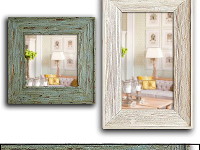 Vintage Wooden Framed Mirrors With Green And White Distressed Frames Reflecting Living Room Decor 3d model