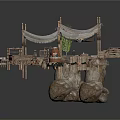 Rustic Canvas Tent Structure With Wooden Poles Barrels Cart And Hay Bales