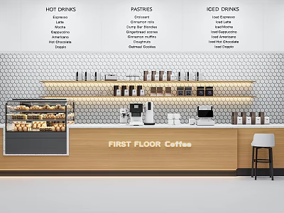 First Floor Coffee Shop Wooden Bar Counter With Coffee Machines Pastry Display And Menu Boards 3d model