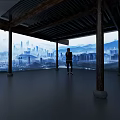 A Person Standing In Spacious Room With Black Pillars Large Windows And City Mountain View