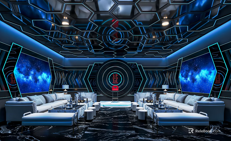 Modern KTV Private Box Design With Starry Sky Background Blue Lighting And Comfortable Sofas 3d model 