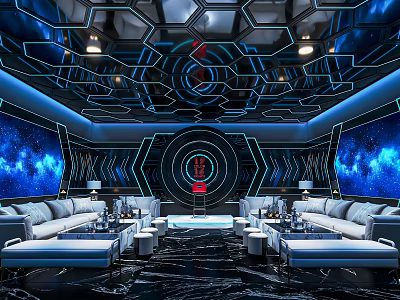 Modern KTV Private Box Design With Starry Sky Background Blue Lighting And Comfortable Sofas 3d model