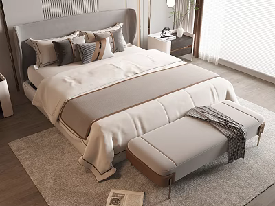Stylish Double Bed With Stripe Headboard Plush Pillows White Bedding And Gray Throw Footstool 3d model