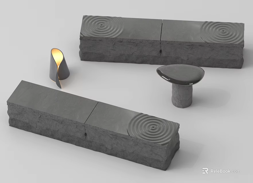 Gray Stone Objects With Rectangular Blocks Spiral Patterns Small Round Base And Metallic Curve 3d model