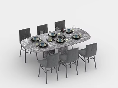 Modern Oval Dining Table With Marble Top Gray Chairs And Tableware Setup 3d model