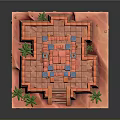 Cartoon Style Ancient Temple Scene Featuring Red Steps Blue Decorations And Palm Trees