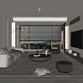 Modern Living Room Interior With Large Windows Blinds Light Sofa Coffee Table And Potted Plants